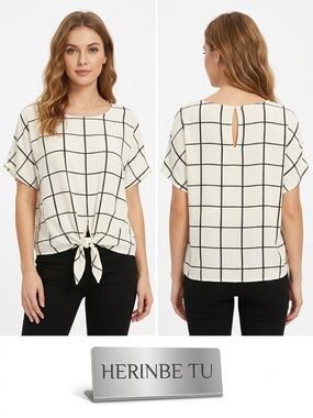 Herinbe Tu Black White Windowpane Tie-Front Top Medium